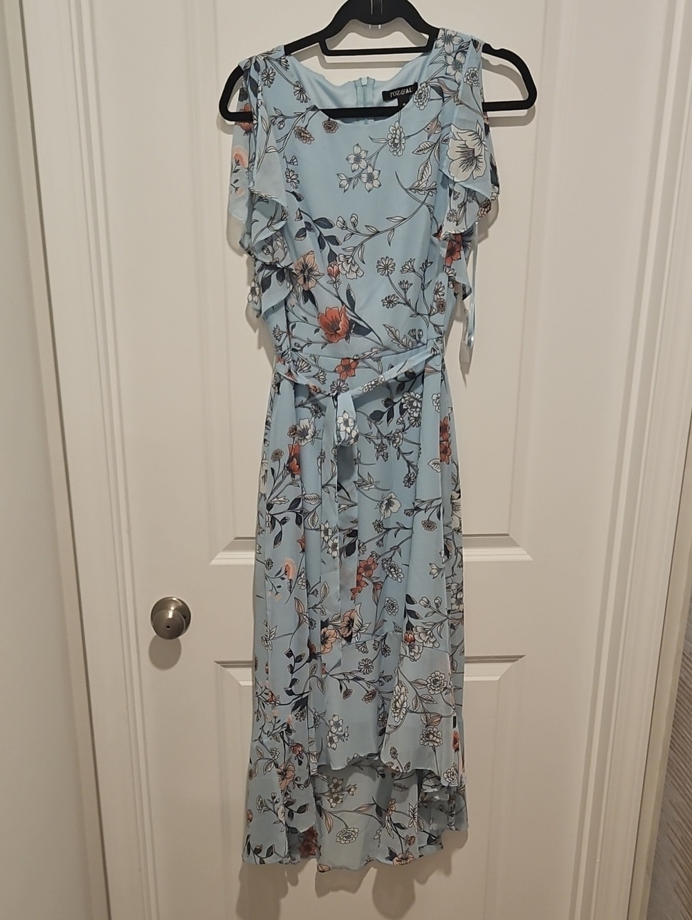 Sky Blue Floral High-Low Ruffle Dress